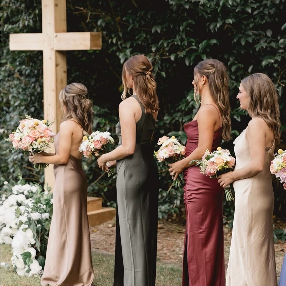BHLDN one shoulder satin maxi dress in dark green with slit